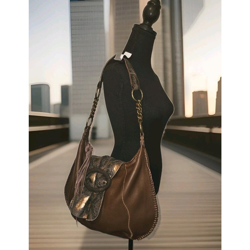 NWOT Chi By Carlos Falchi Boho Shoulder Bag Brown Leather 15x11